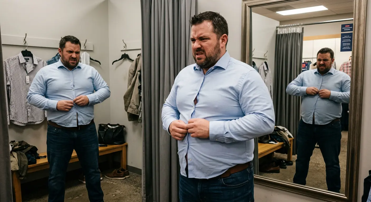Man struggling with ill-fitting clothes