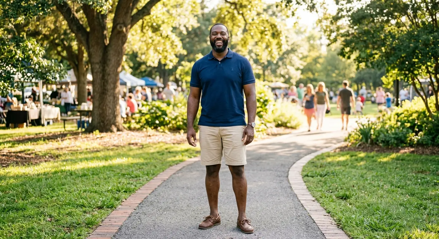 Confident big and tall man wearing perfectly fitting clothing